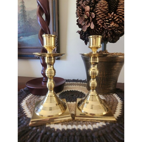 Brass Candlestick Vintage Heavy Tapered  Set Of 2Candle Holder Square Base  6.5" - Picture 5 of 7